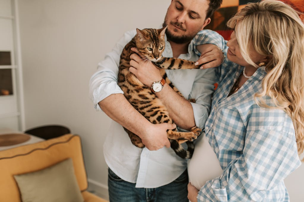 New Pet Parent Mistakes - Pregnant couple happily interacting with their Bengal cat indoors.